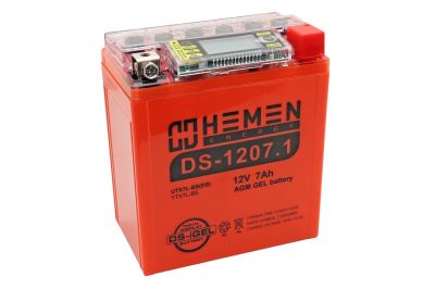 Аккумулятор 12В 7Ач HEMEN ENERGY DS1207.1 (114*69*131мм)(YTX7L-BS) С ДИСПЛЕЕМ (гелевый) (обр.полярн) (артикул 55676)